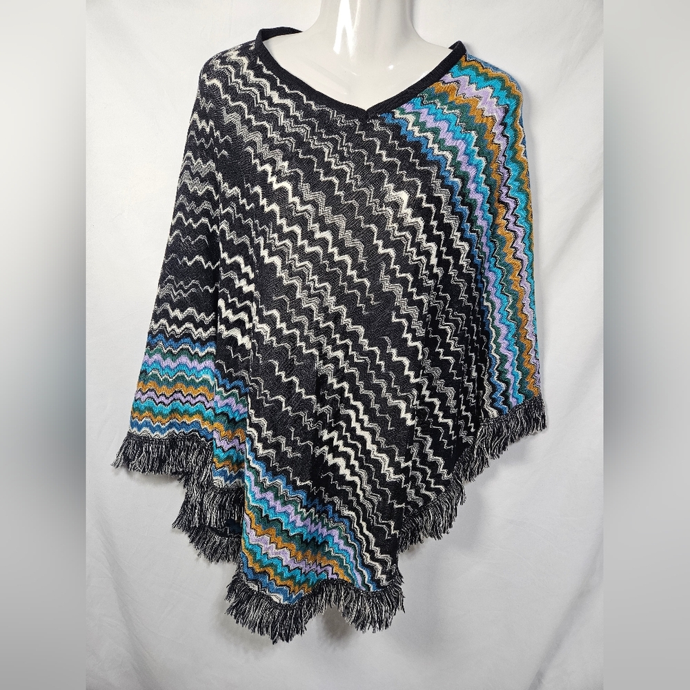 Missoni Italy 100% Wool Zig Zag Poncho Fringe Sweater Multicolor Knit Boho